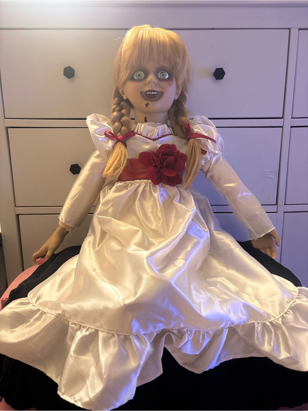 Blonde Hair Doll in White Satin Dress with Red Flower Accent